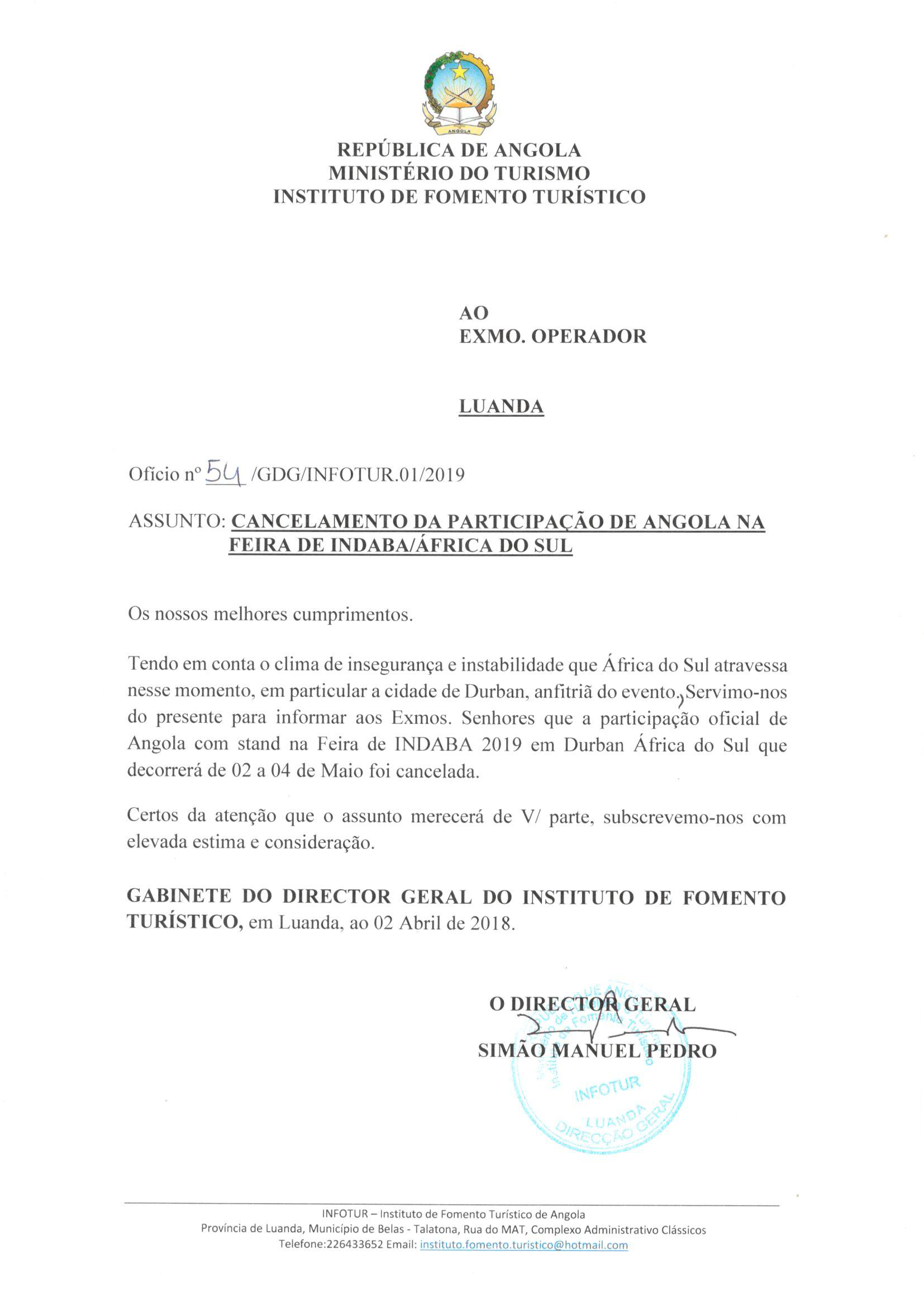Angola cancela participação na feira de Indaba